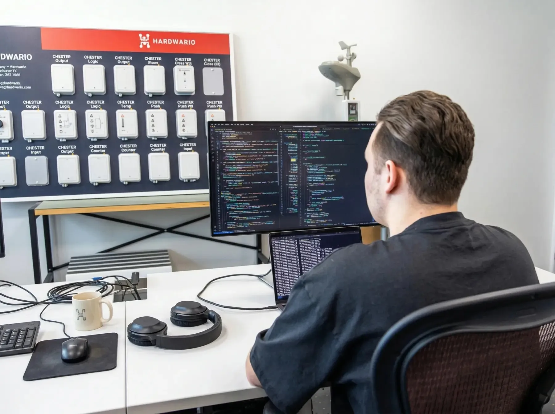 HARDWARIO engineer developing firmware at a dual-screen workstation